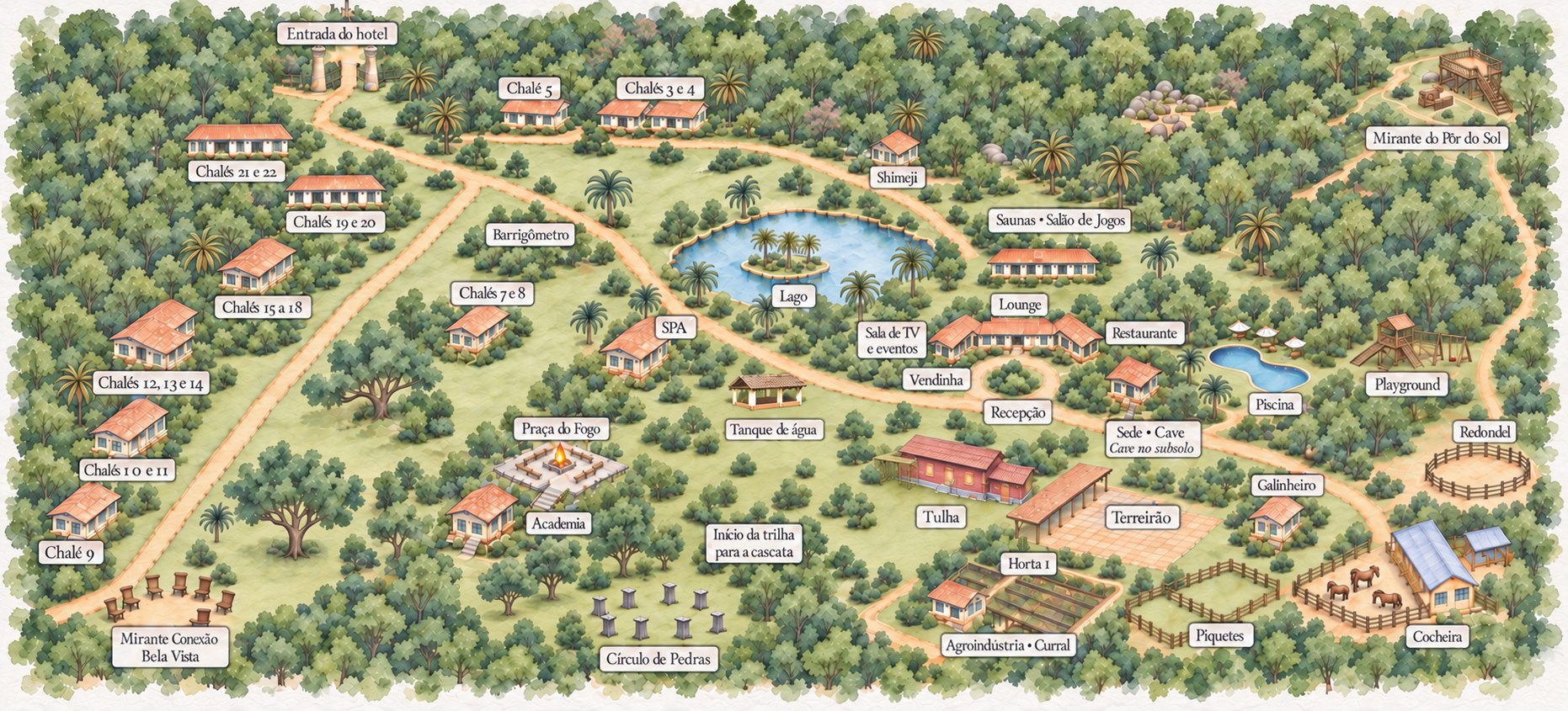 Mapa ilustrado da Fazenda Bela Vista, com chalés, lago, restaurante, tulha, piscina, mirantes e cocheira
