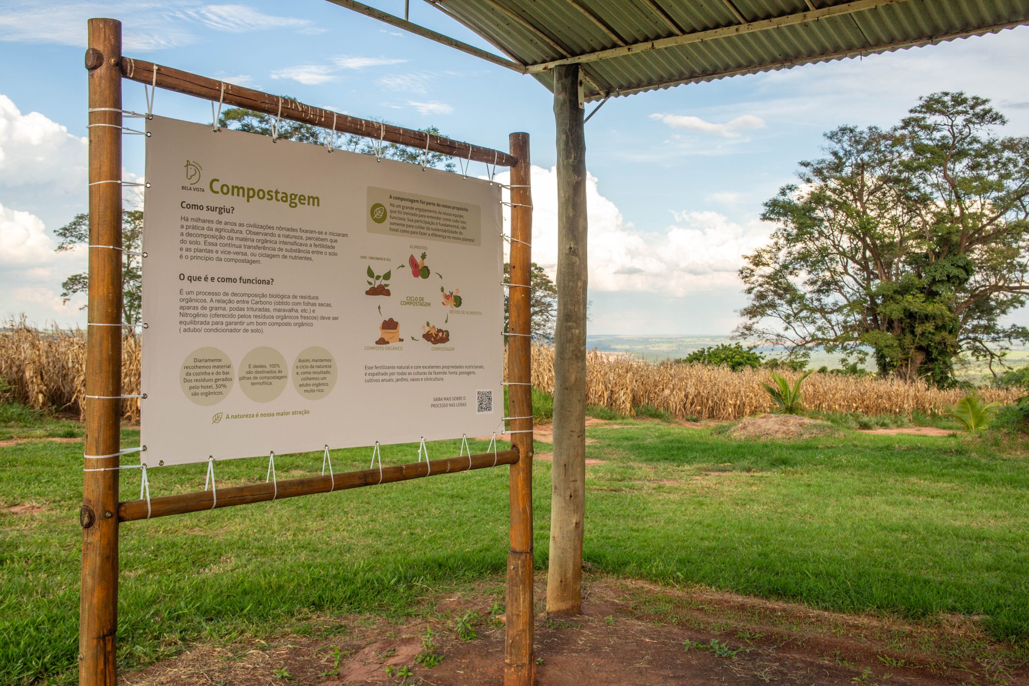 Placa sobre compostagem no caminho da fazenda