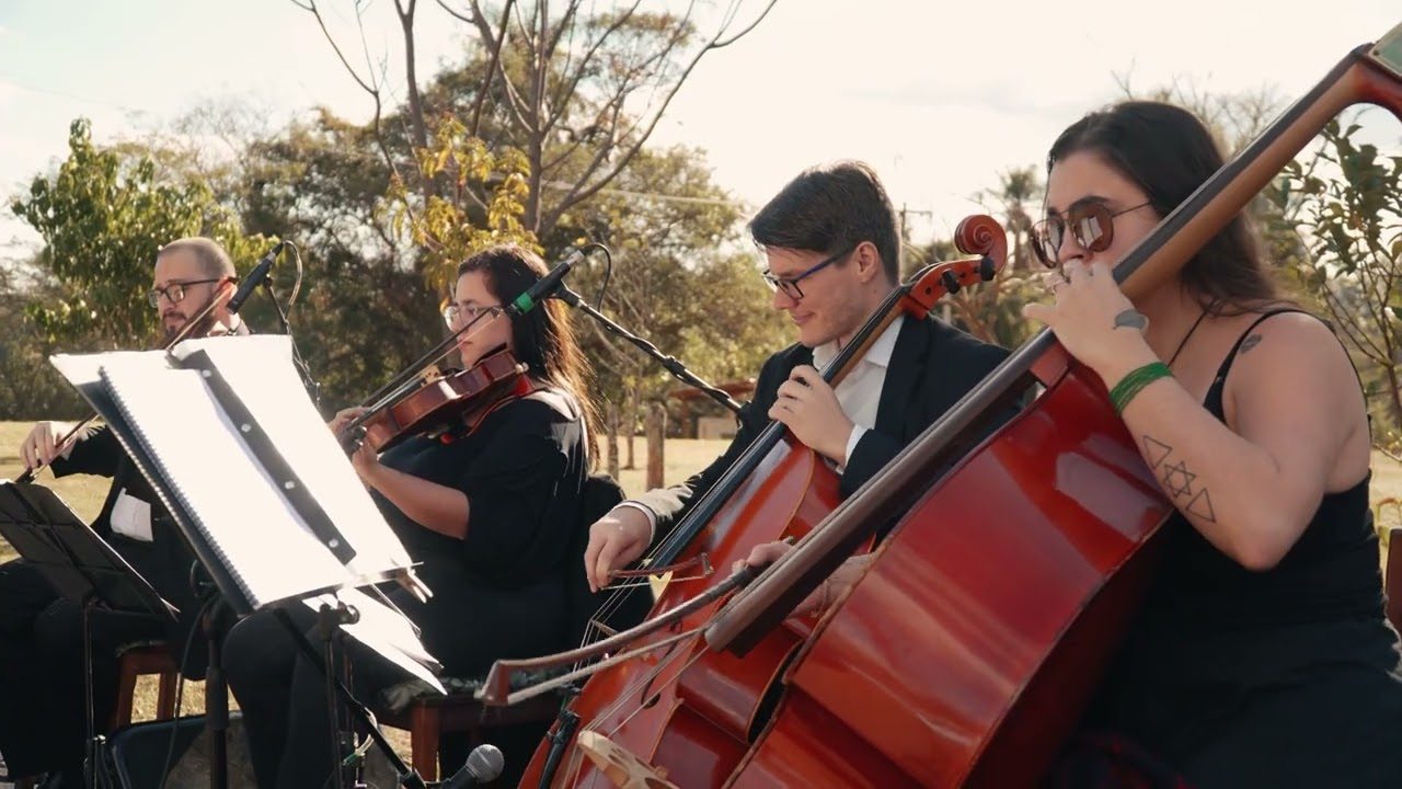 Quarteto de cordas tocando em uma cerimônia de casamento ao ar livre